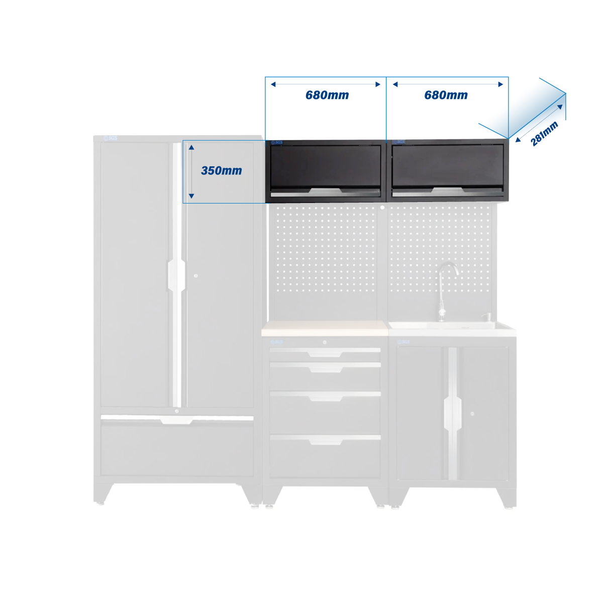SGS 7pc Garage Storage System | 4 Drawers | Pressed Wood Worktop | Sink Unit | 2x Upper Cabinets | Tall Double Cabinet with Drawer